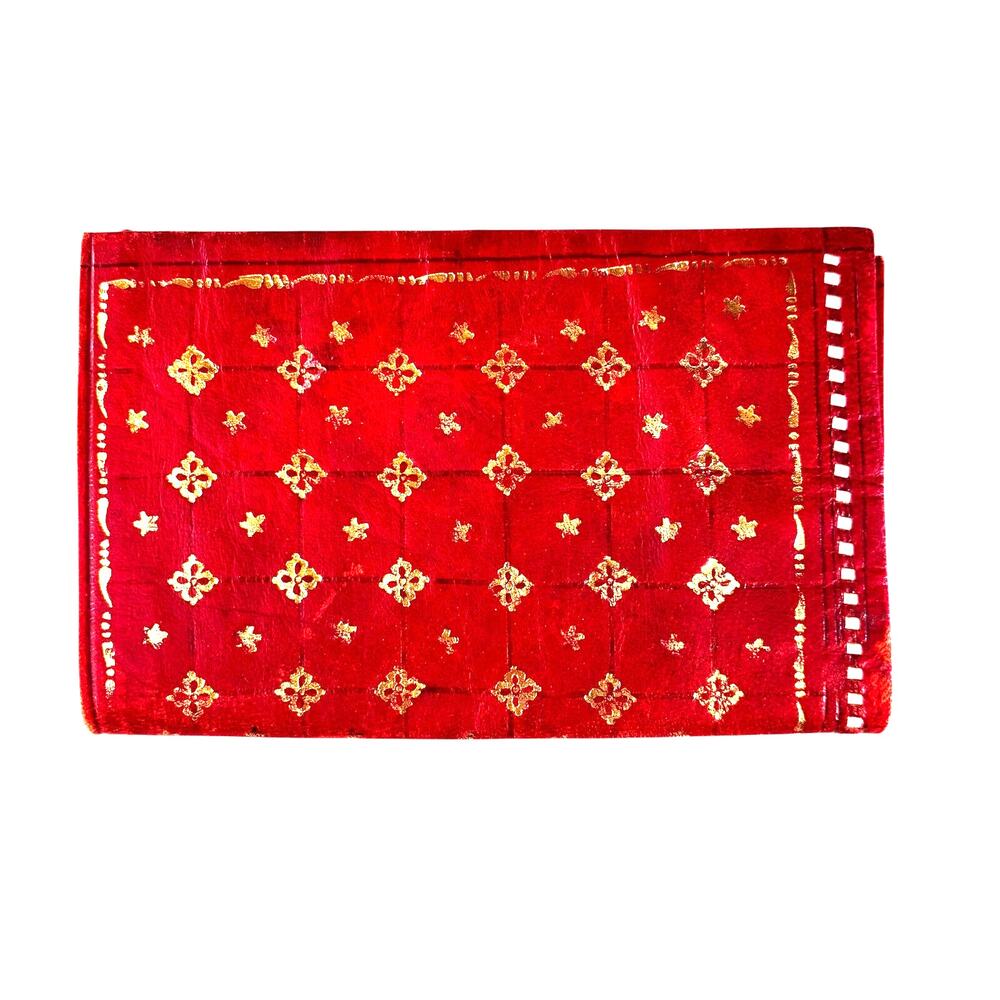 Vintage red leather & gold embossed wallet white top stitching unique envelop
